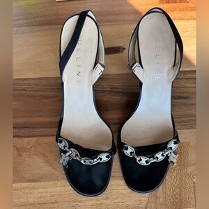 Celine Black Heeled Sandals with Silver Chain